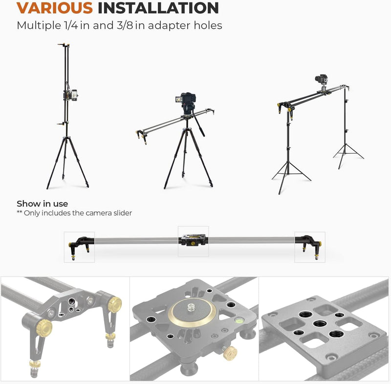 LimoStudio (Upgraded) 47 in Carbon Fiber Camera Slider / 120cm Dolly Track Rail, Smooth Bearing Stabilizer, Height Adjustable, Spirit Level, AGG1982