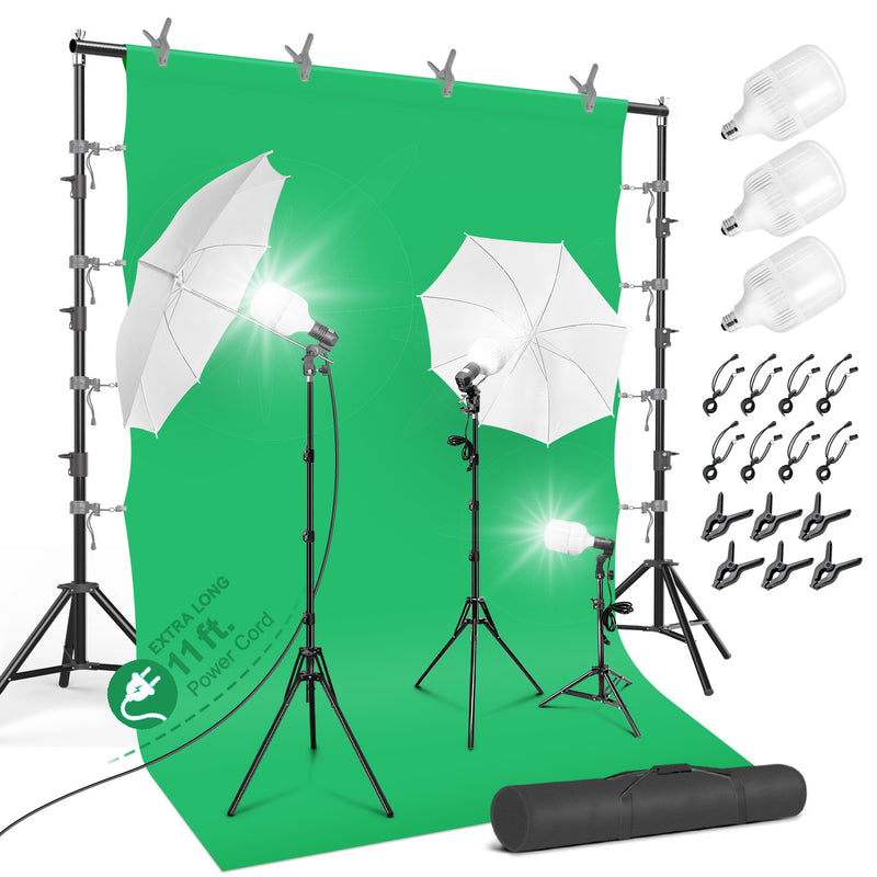 10 x 9.6 ft. Heavy Duty Backdrop Stand / 10 x 20 ft. Green Background Screen / 700W Continuous Output Umbrella Lighting Kit, AGG408