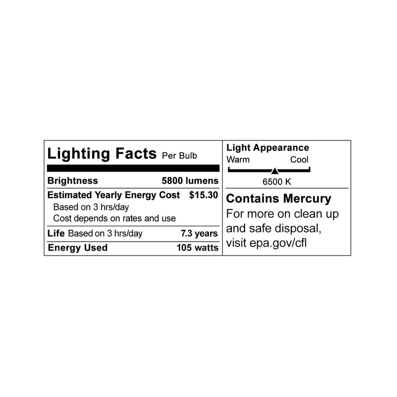 105 Watt Spiral E26/E27 Compact Fluorescent CFL Light Bulb 5800LM 6500K Daylight, Set of 2