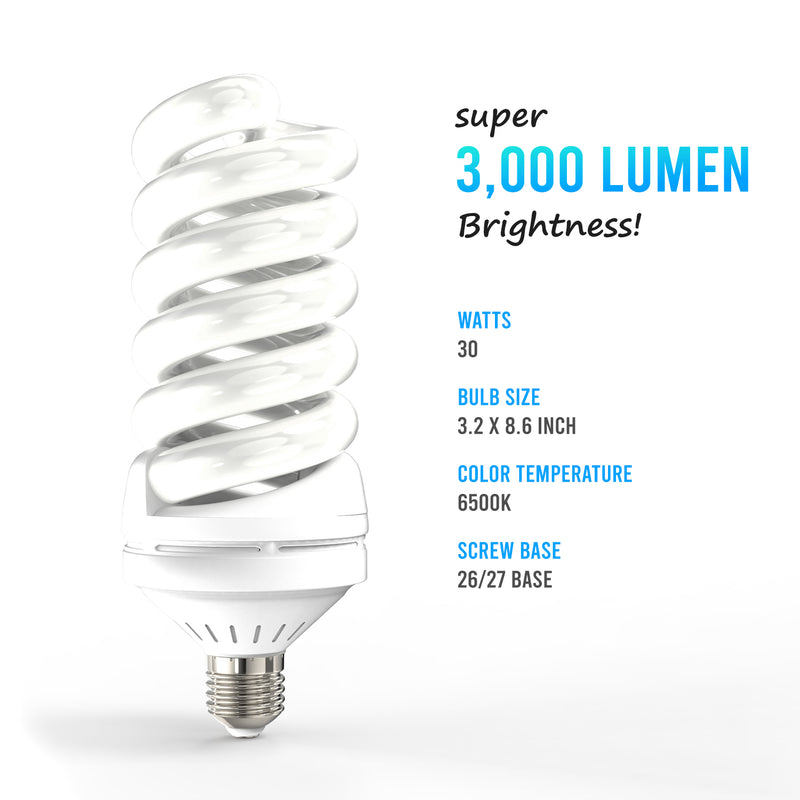 LED 30W Photo Light Bulb 300W Equivalent CFL Replacement Pure White Daylight E26/E27 6500K 3000 Lumen, Set of 4